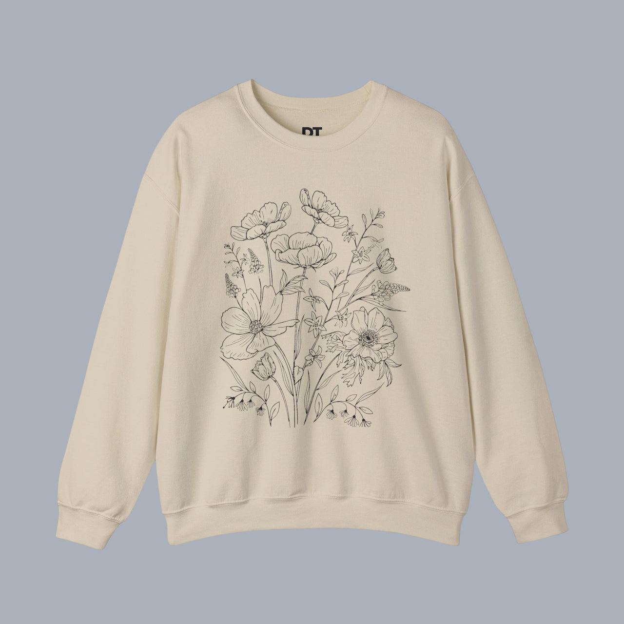 Floral Sketch Crewneck Sweatshirt — Delicate Wildflower Illustration