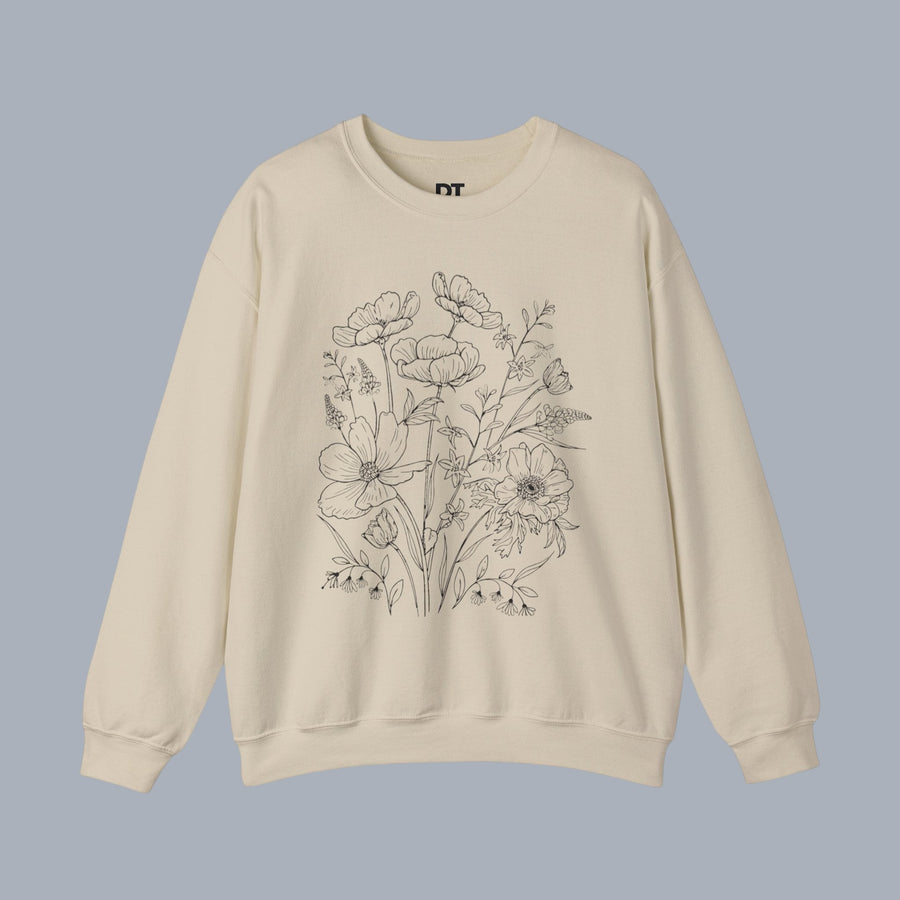 Floral Sketch Crewneck Sweatshirt — Delicate Wildflower Illustration