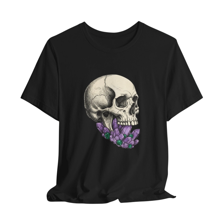 [Gothic skull with purple crystals on black t-shirt