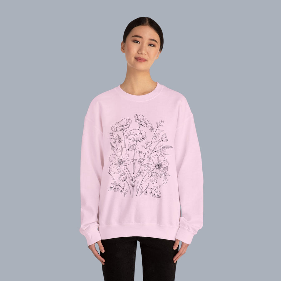 Floral Sketch Crewneck Sweatshirt — Delicate Wildflower Illustration