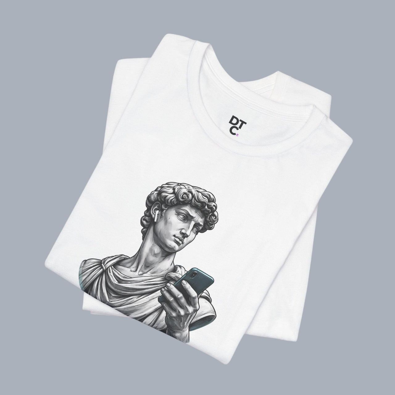 David Statue with AirPods Holding Phone T‑Shirt — Classical Art Meme Tee alternate view 10