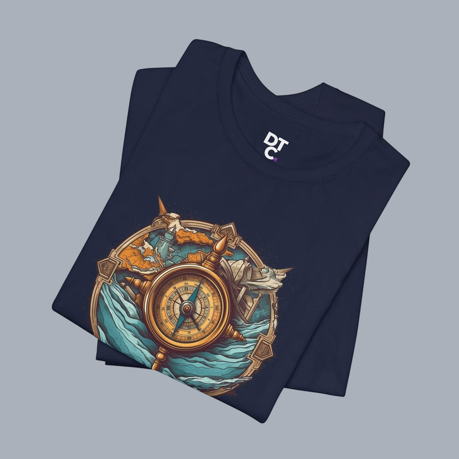 Nautical Compass Adventure T-Shirt — Vintage Ship Wheel & Ocean Waves Tee