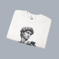 David Statue with AirPods Holding Phone Sweatshirt — Classical Art Meme Crewneck Sweatshirt alternate view 10