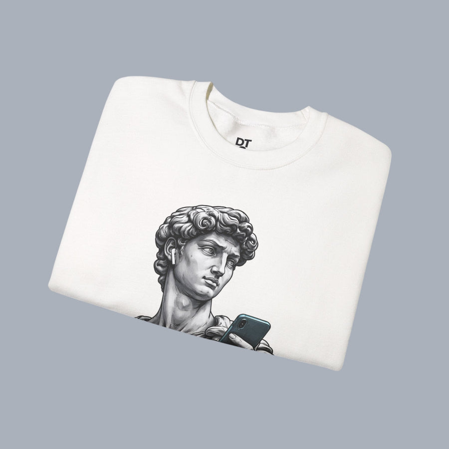 David Statue with AirPods Holding Phone Sweatshirt — Classical Art Meme Crewneck Sweatshirt alternate view 10