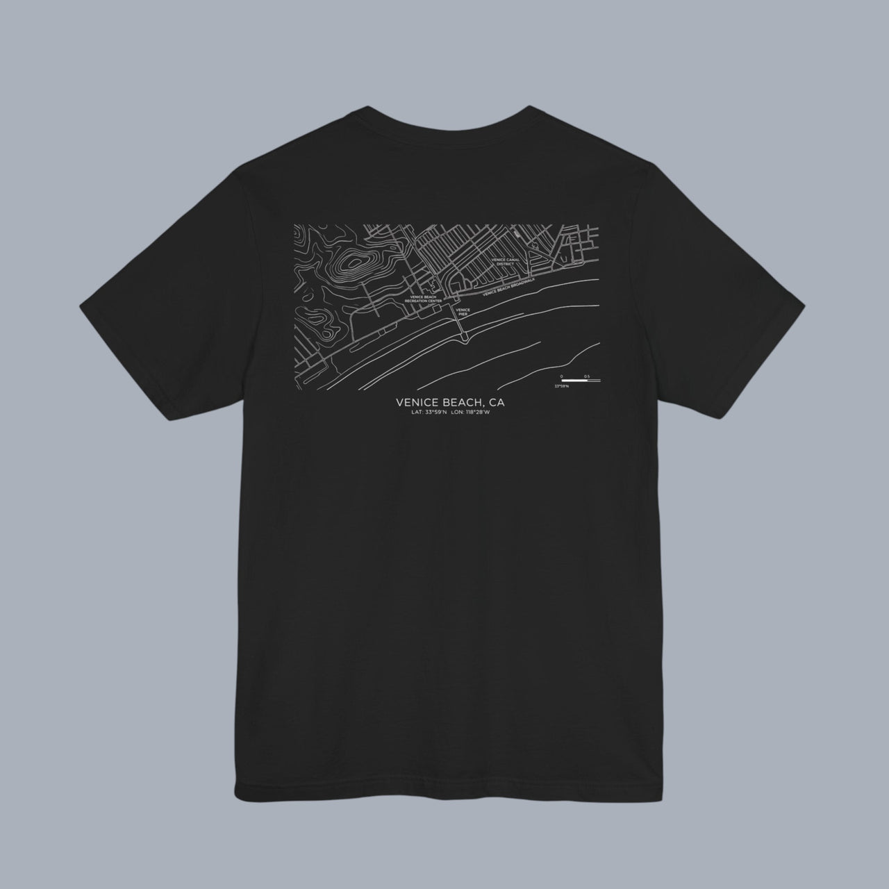 [Black T-shirt with minimalist Venice Beach map design on back