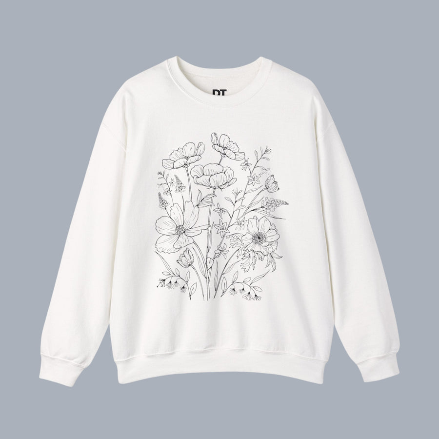 Floral Sketch Crewneck Sweatshirt — Delicate Wildflower Illustration