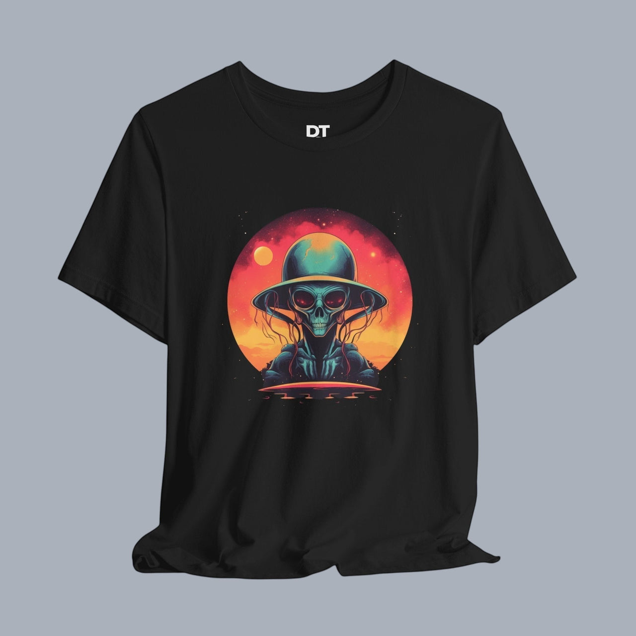 [Black t-shirt with alien graphic design in vibrant colors