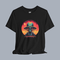 [Black t-shirt with alien graphic design in vibrant colors