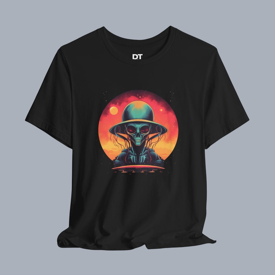 [Black t-shirt with alien graphic design in vibrant colors