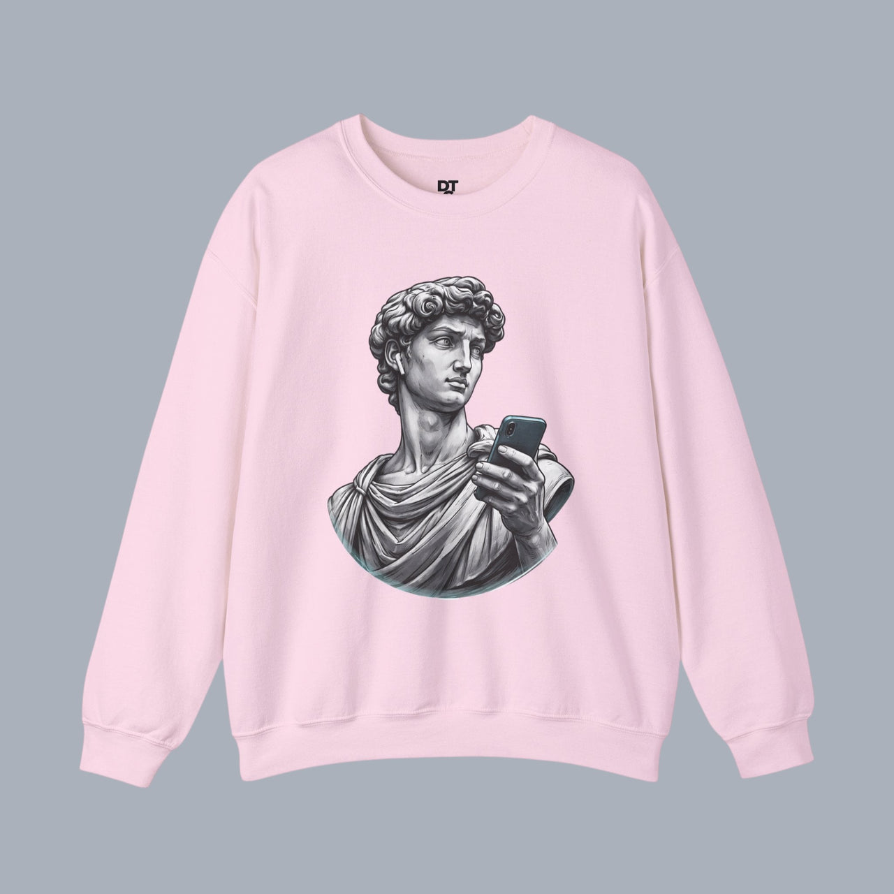 David Statue with AirPods Holding Phone Sweatshirt — Classical Art Meme Crewneck Sweatshirt alternate view 8