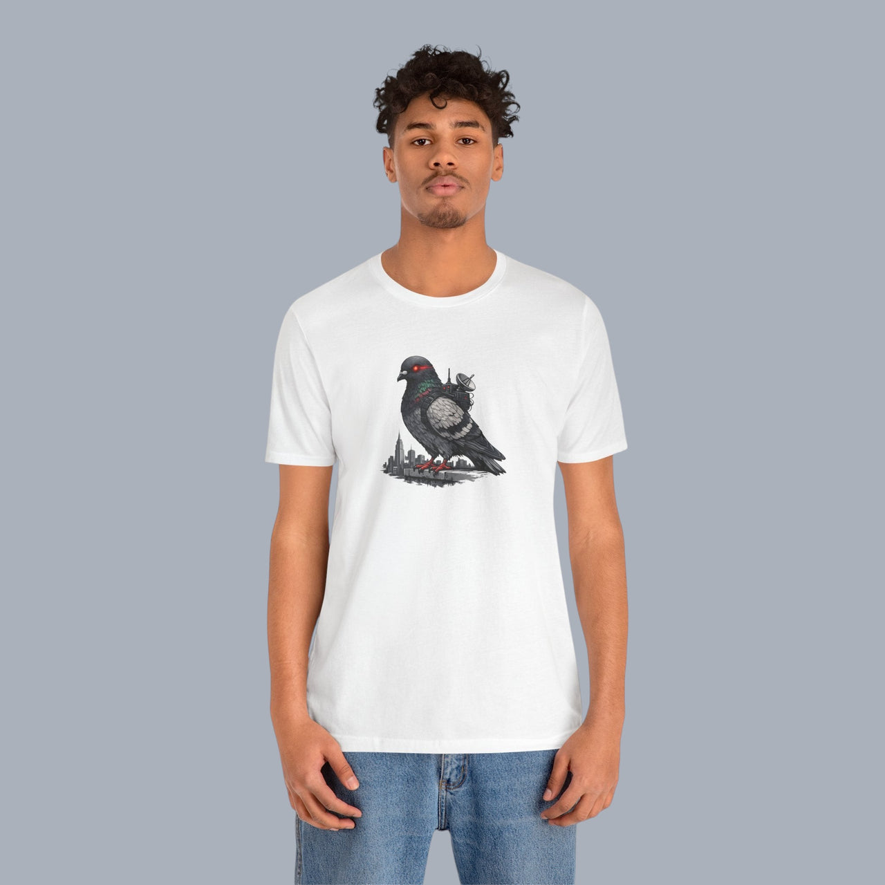 Surveillance Pigeon Cityscape Tee — Urban Bird Graphic T-Shirt alternate view 9