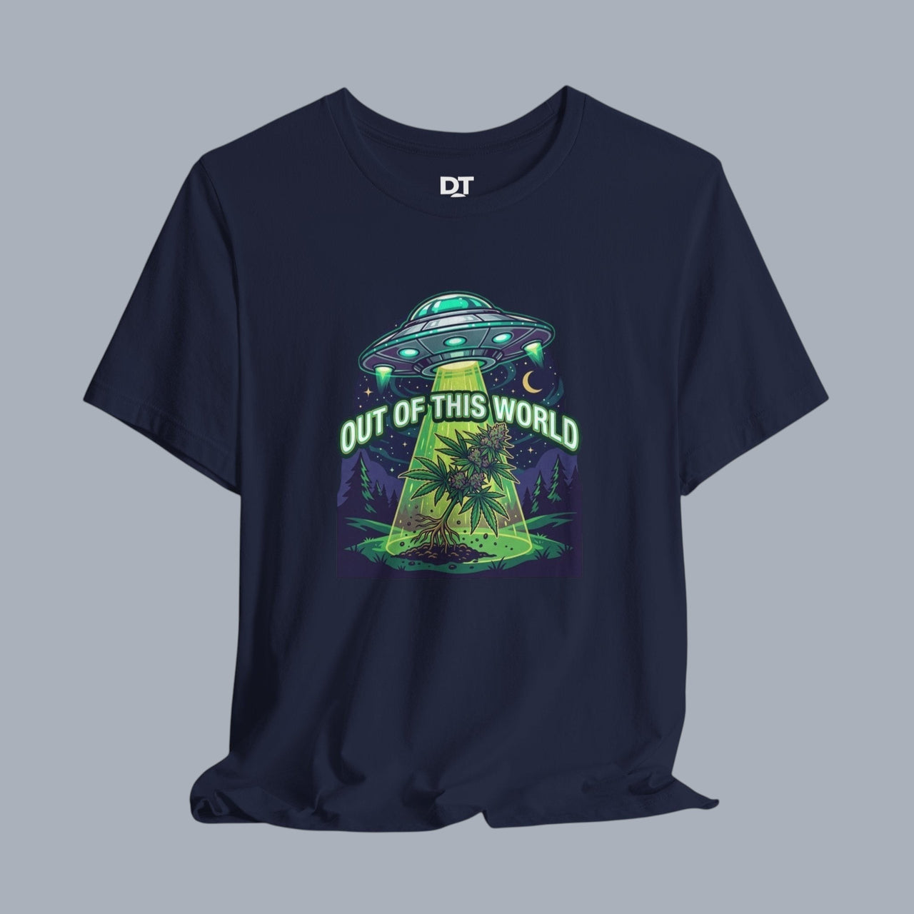 Out of This World UFO Tee — Alien Abduction Cannabis Plant Graphic T-Shirt