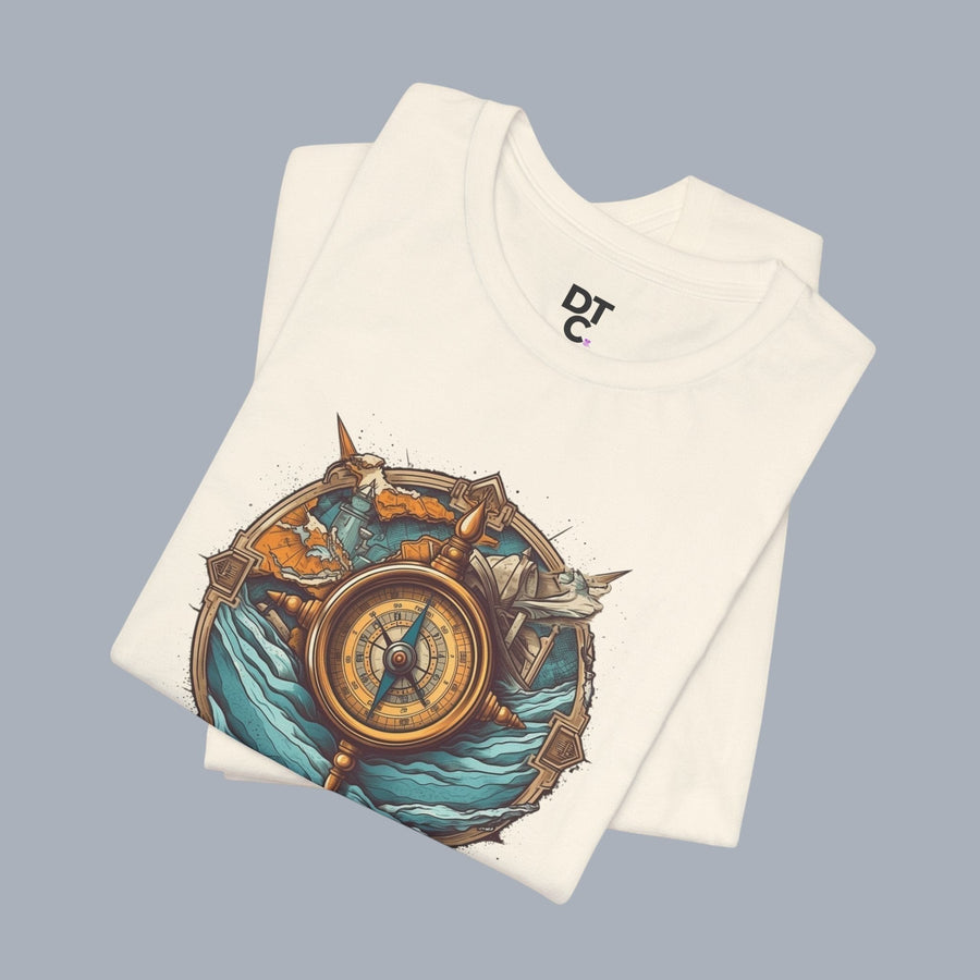 Nautical Compass Adventure T-Shirt — Vintage Ship Wheel & Ocean Waves Tee