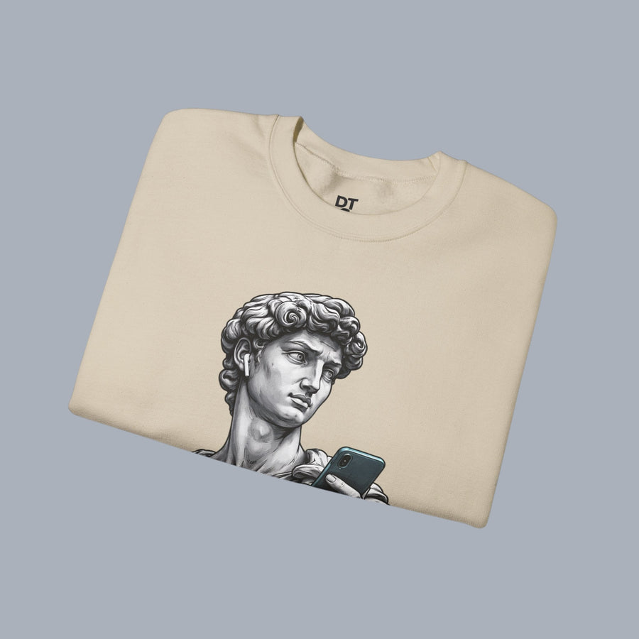 David Statue with AirPods Holding Phone Sweatshirt — Classical Art Meme Crewneck Sweatshirt alternate view 16