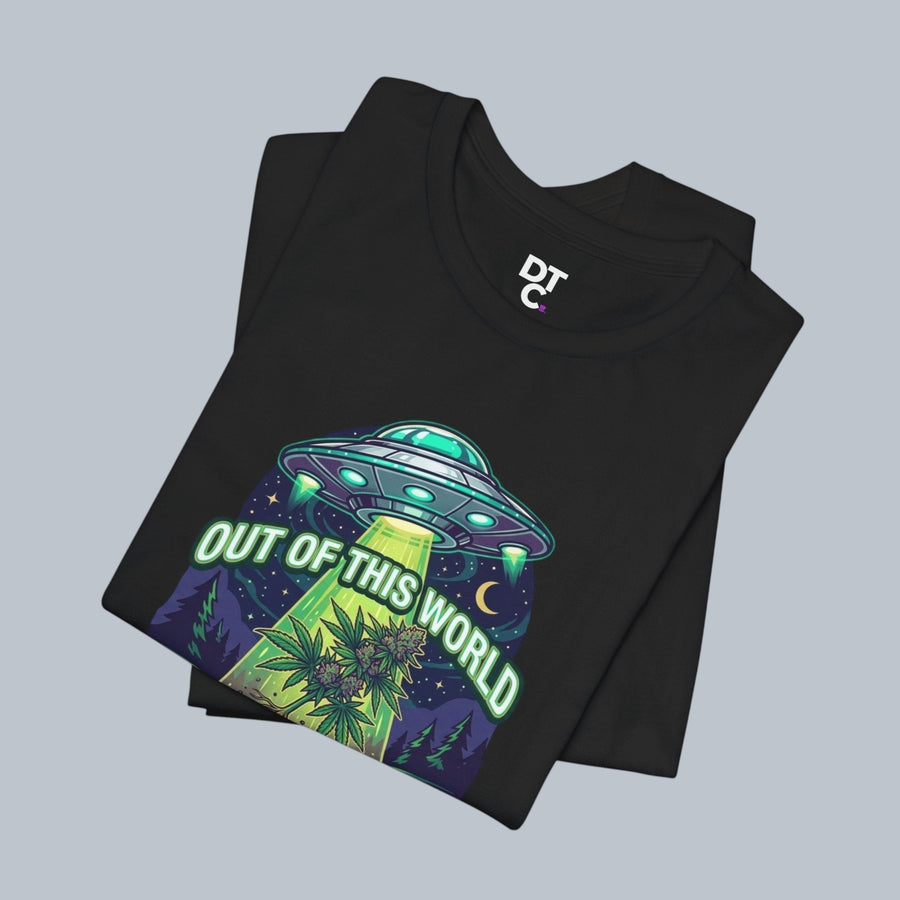Out of This World UFO Tee — Alien Abduction Cannabis Plant Graphic T-Shirt
