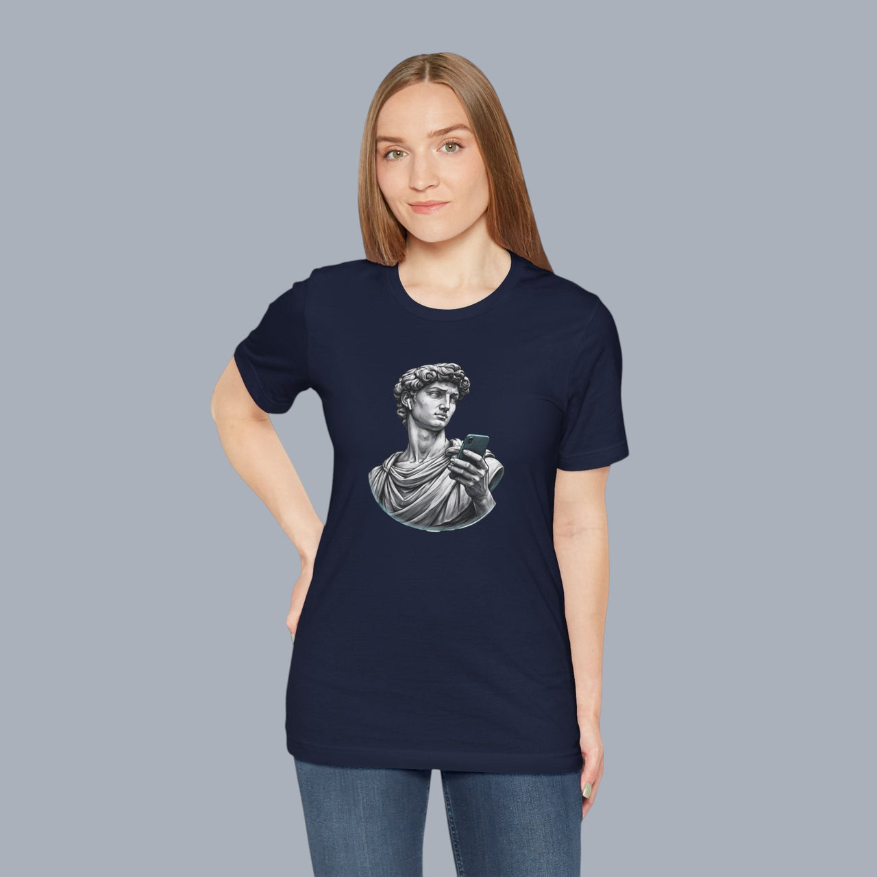 David Statue with AirPods Holding Phone T‑Shirt — Classical Art Meme Tee alternate view 15