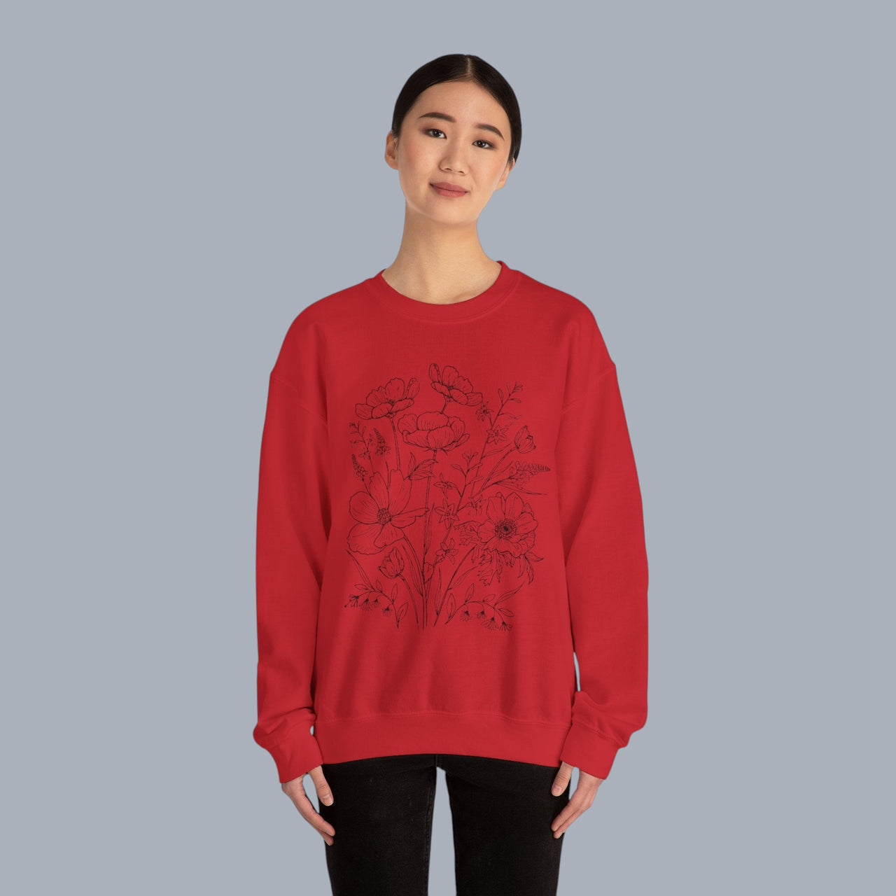 Floral Sketch Crewneck Sweatshirt — Delicate Wildflower Illustration