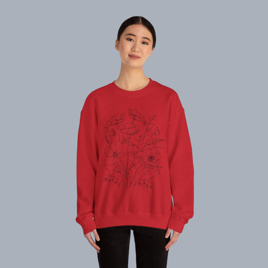 Floral Sketch Crewneck Sweatshirt — Delicate Wildflower Illustration