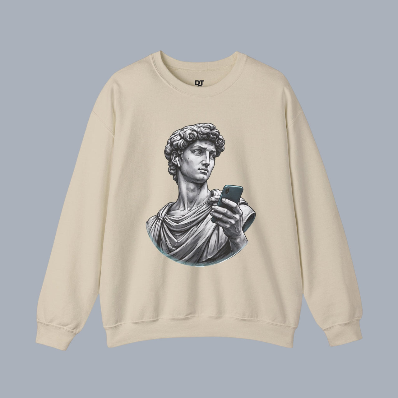 David Statue with AirPods Holding Phone Sweatshirt — Classical Art Meme Crewneck Sweatshirt alternate view 4