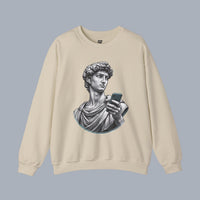 David Statue with AirPods Holding Phone Sweatshirt — Classical Art Meme Crewneck Sweatshirt alternate view 4