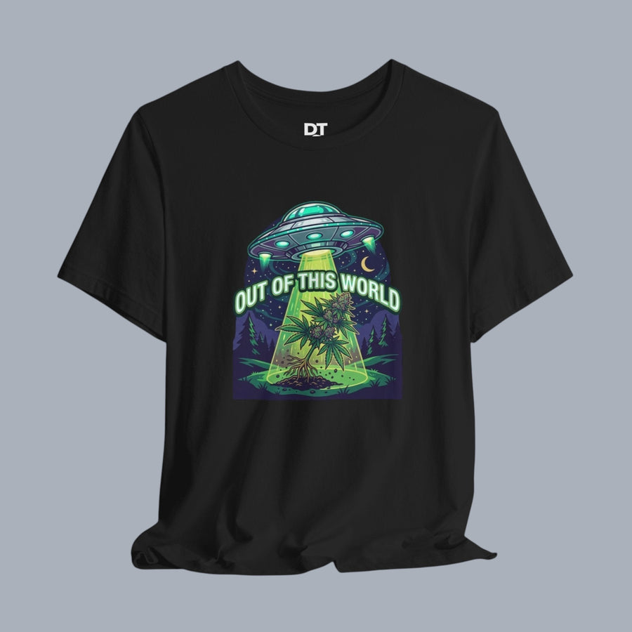 Out of This World UFO Tee — Alien Abduction Cannabis Plant Graphic T-Shirt