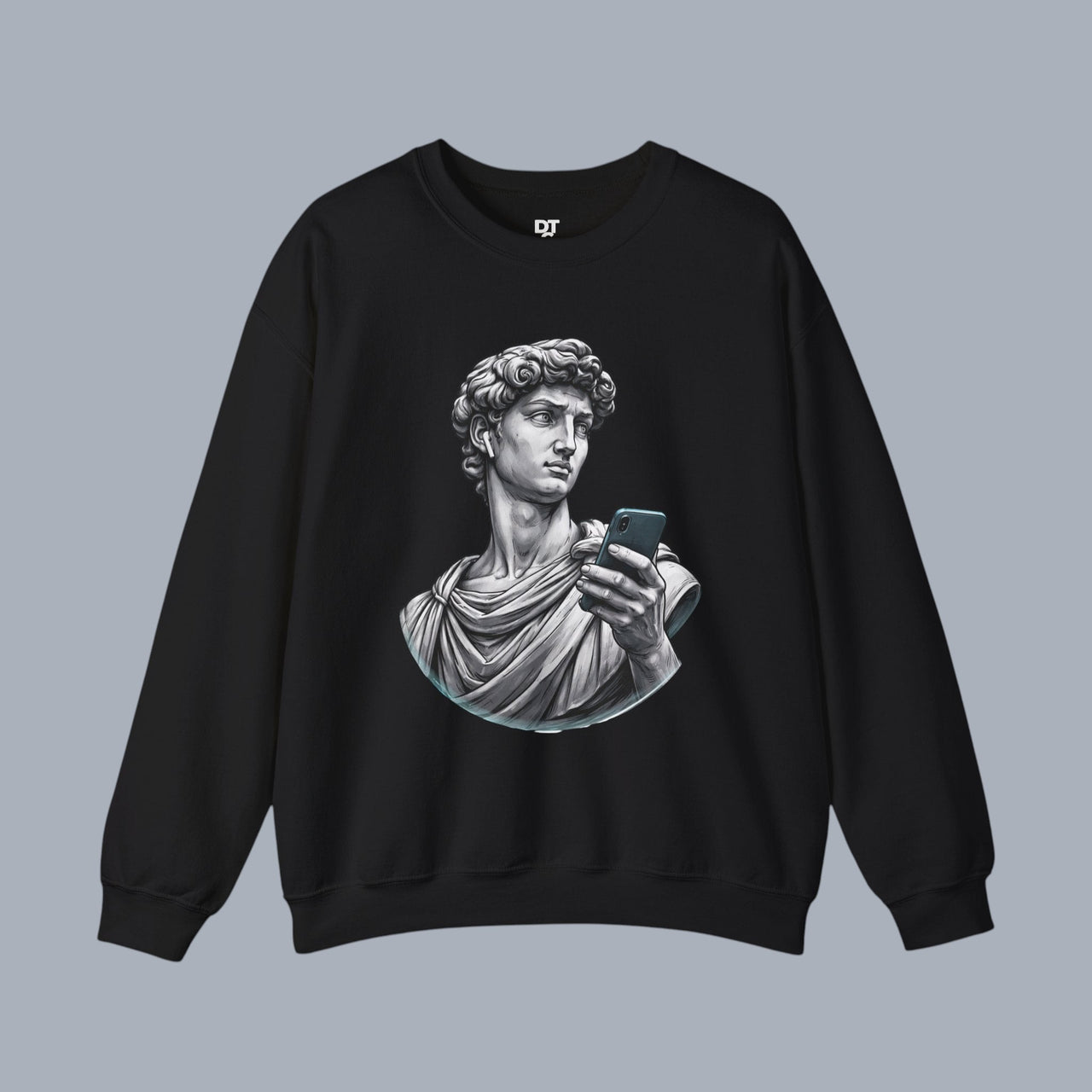 David Statue with AirPods Holding Phone Sweatshirt — Classical Art Meme Crewneck Sweatshirt product photo