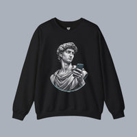 David Statue with AirPods Holding Phone Sweatshirt — Classical Art Meme Crewneck Sweatshirt product photo