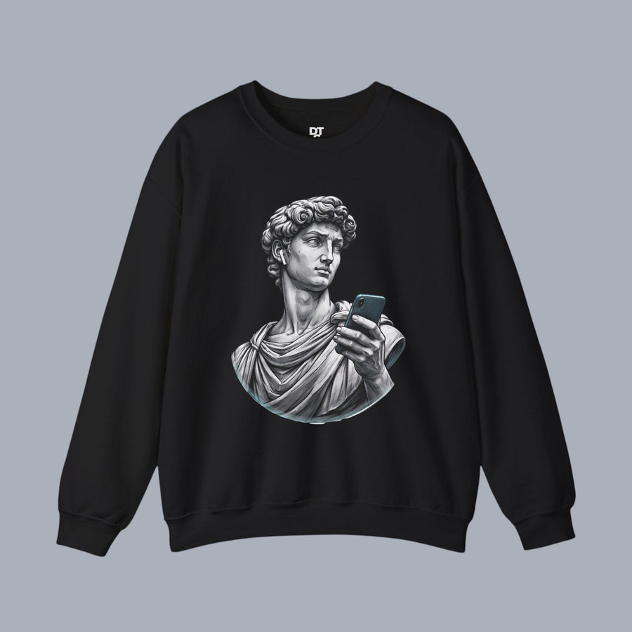David Statue with AirPods Holding Phone Sweatshirt — Classical Art Meme Crewneck Sweatshirt product photo