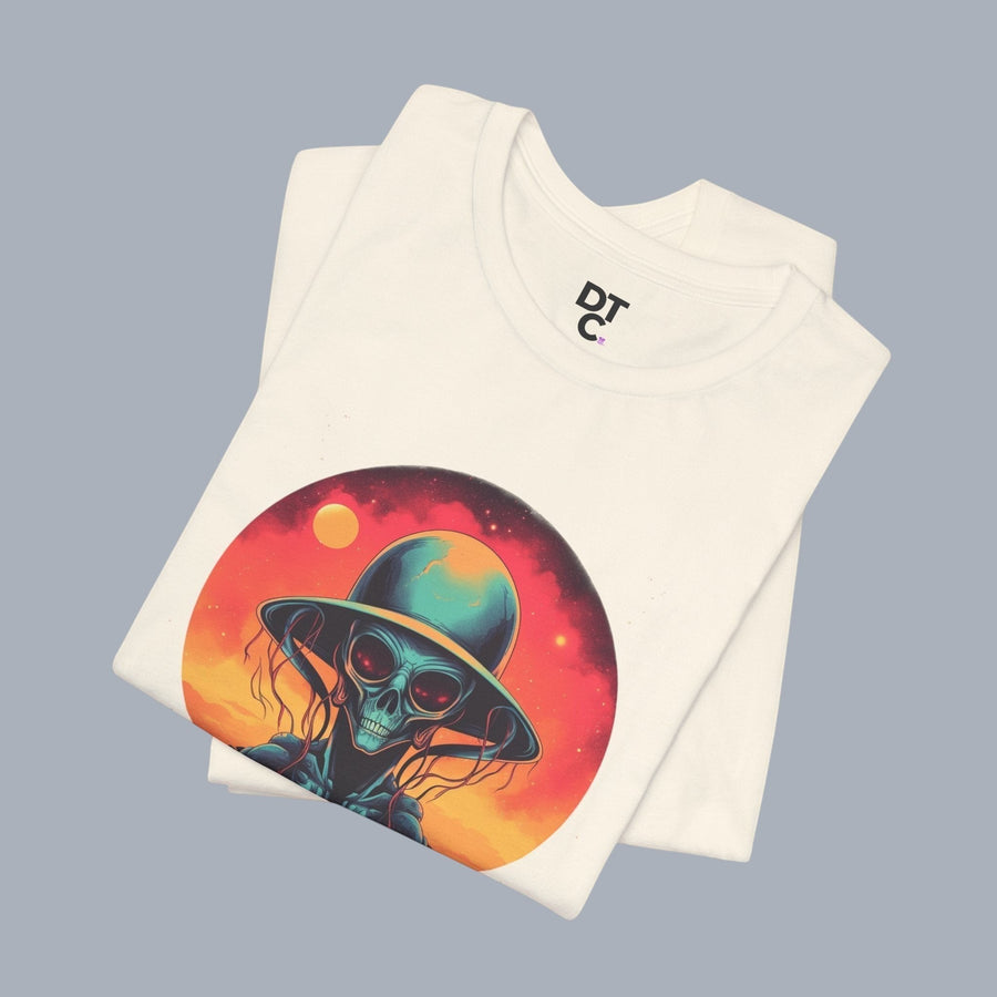 Vintage Science Fiction Alien T-Shirt — Retro Sunset UFO Skull Graphic Tee