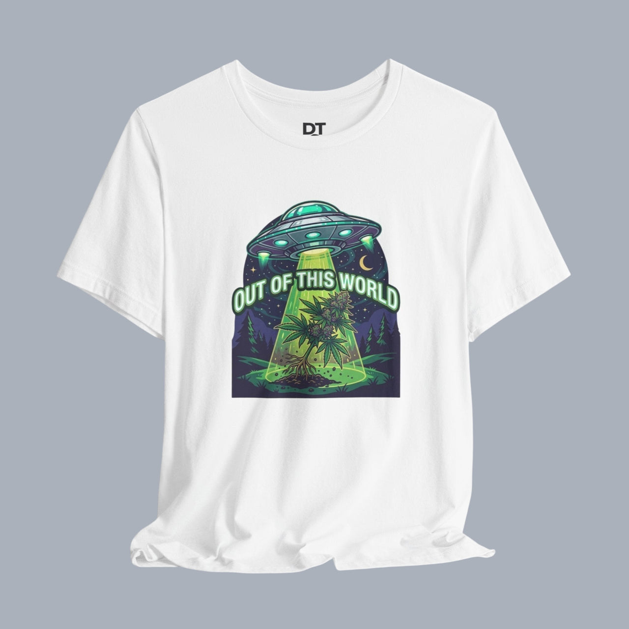 [White t-shirt with UFO graphic and cannabis plant