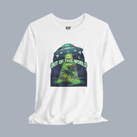 [White t-shirt with UFO graphic and cannabis plant