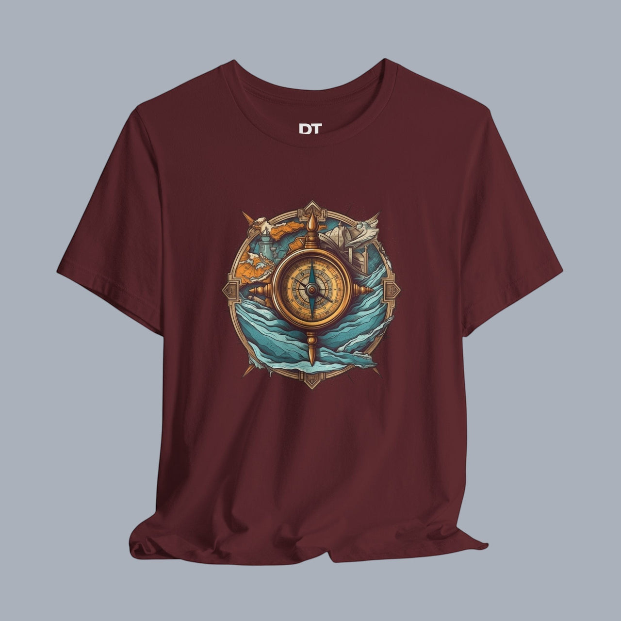 Nautical Compass Adventure T-Shirt — Vintage Ship Wheel & Ocean Waves Tee