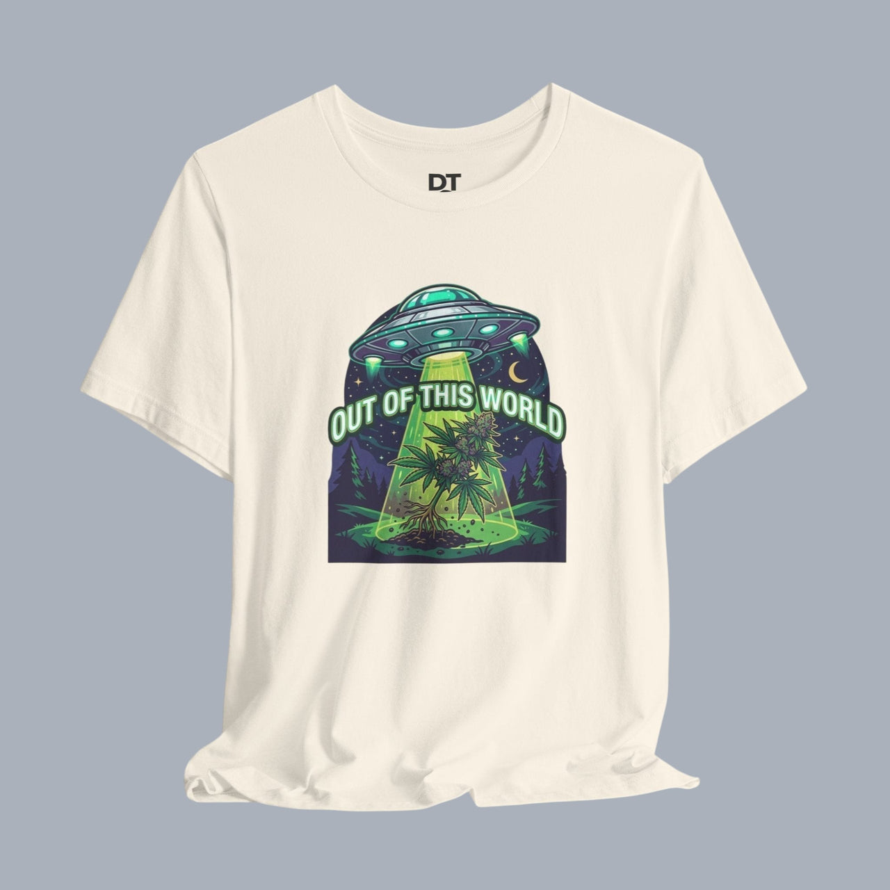Out of This World UFO Tee — Alien Abduction Cannabis Plant Graphic T-Shirt
