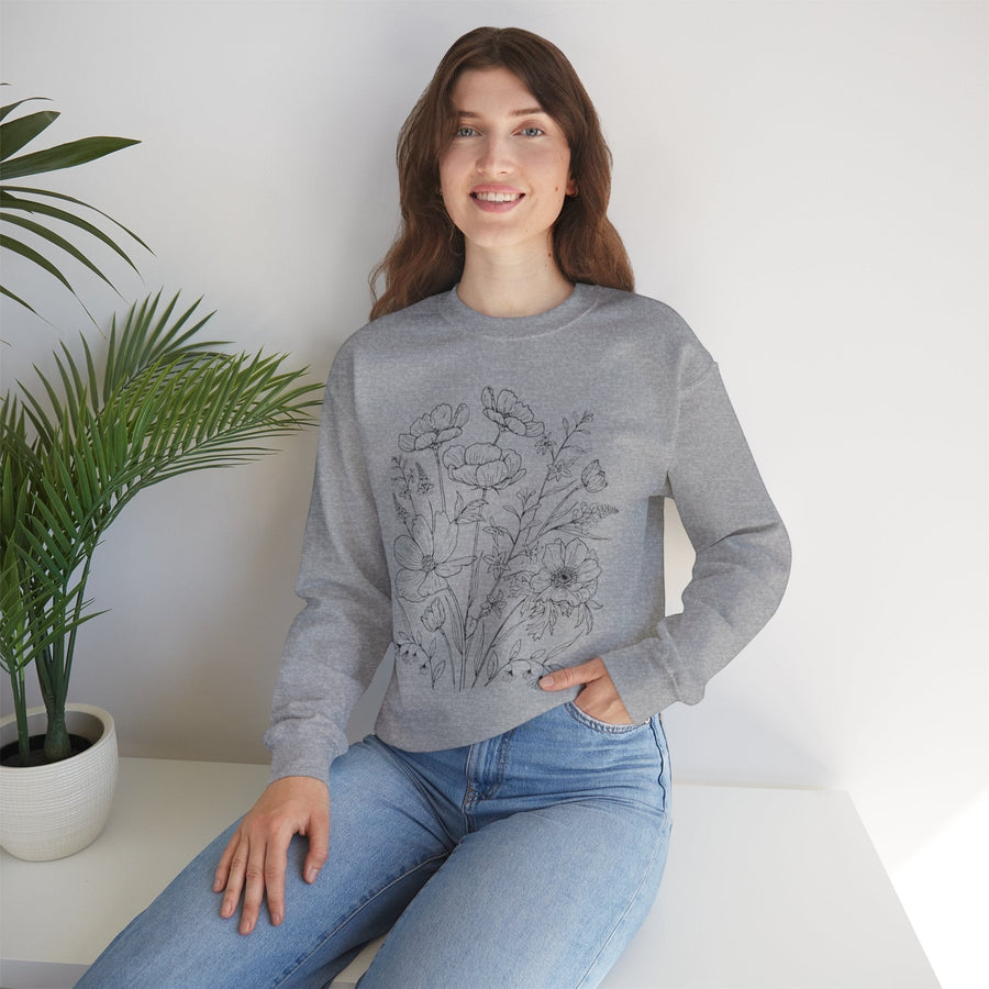 Floral Sketch Crewneck Sweatshirt — Delicate Wildflower Illustration