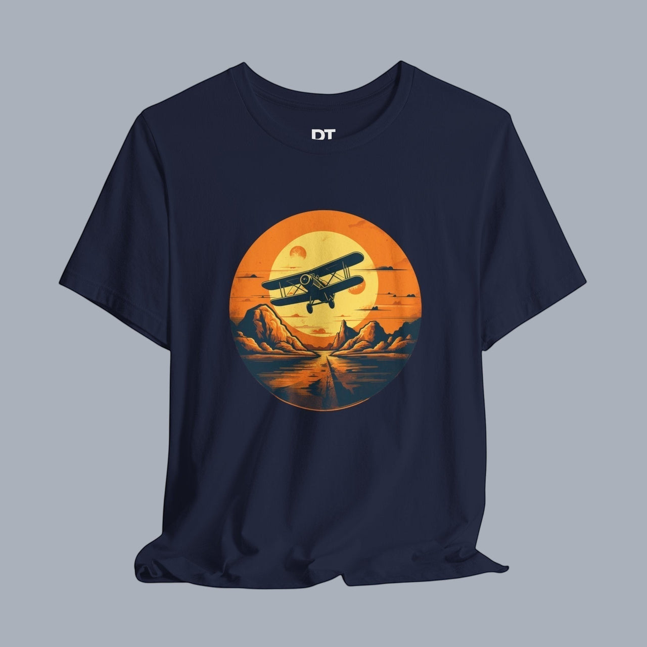 Vintage Biplane Sunset Tee — Retro Aviation Graphic T-Shirt