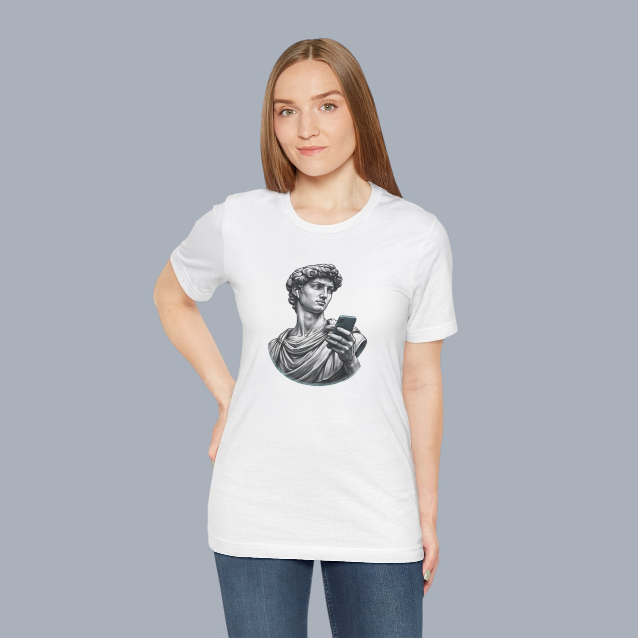 David Statue with AirPods Holding Phone T‑Shirt — Classical Art Meme Tee alternate view 7