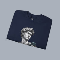 David Statue with AirPods Holding Phone Sweatshirt — Classical Art Meme Crewneck Sweatshirt alternate view 25
