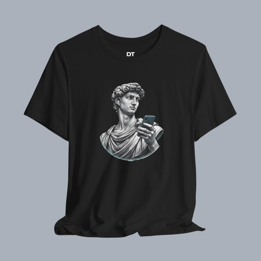 David Statue with AirPods Holding Phone T‑Shirt — Classical Art Meme Tee product photo