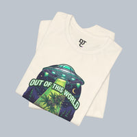 Out of This World UFO Tee — Alien Abduction Cannabis Plant Graphic T-Shirt