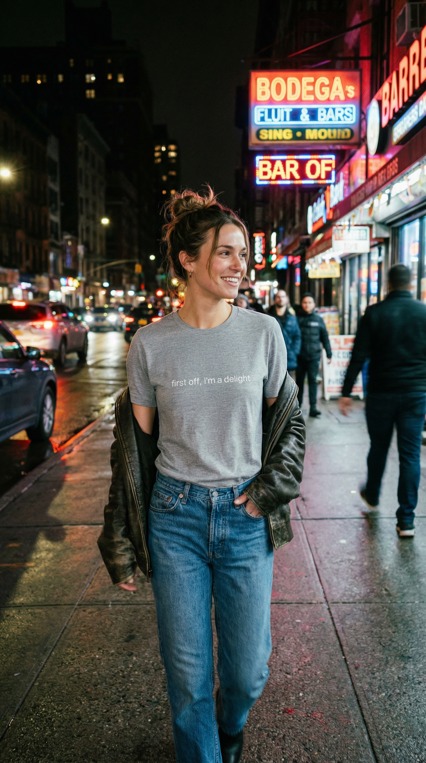 Close-up of red t-shirt featuring white text saying "first off, i'm a delight"