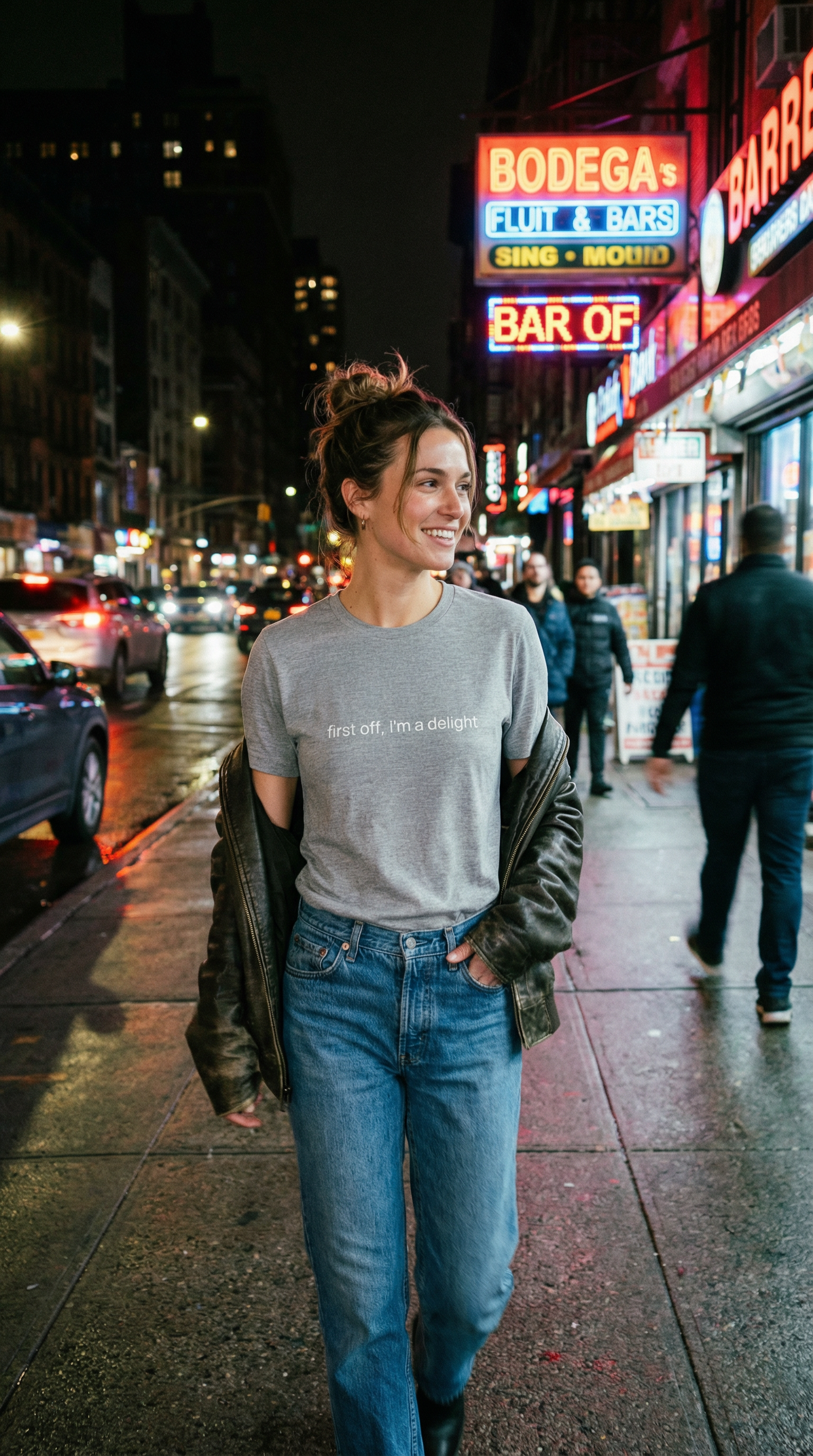 Close-up of red t-shirt featuring white text saying "first off, i'm a delight"