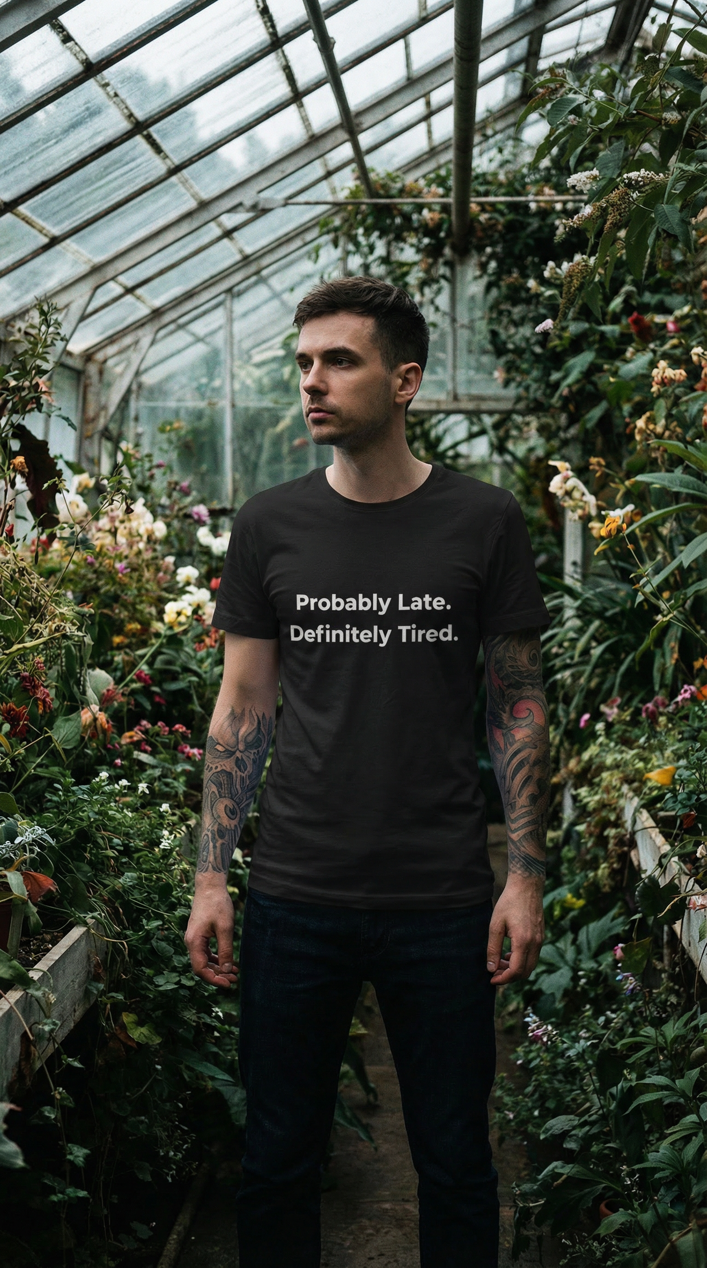 Gray t-shirt displaying "Probably Late. Definitely Tired." in white font