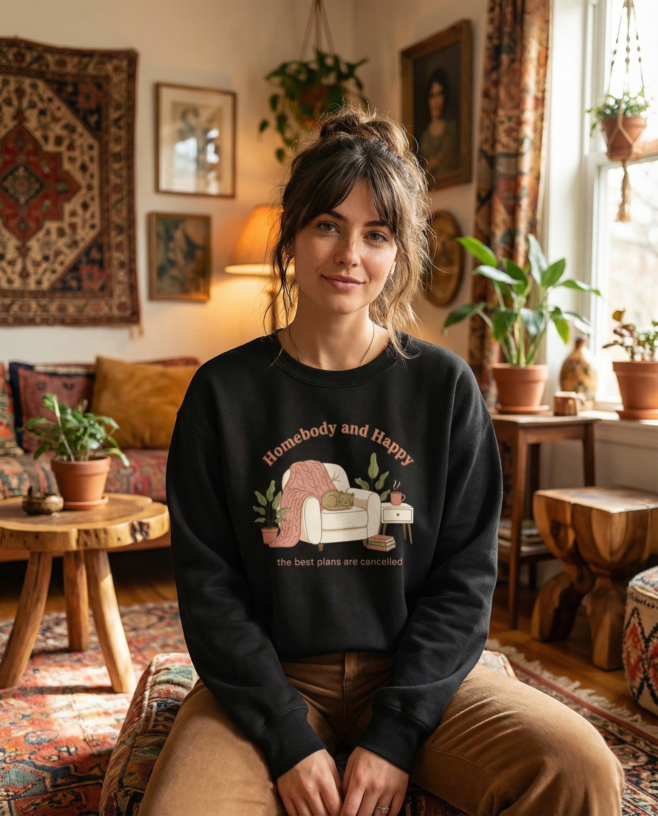 Crewneck Sweatshirt — "Homebody and Happy" Cozy Lounge Pullover (The Best Plans Are Cancelled)
