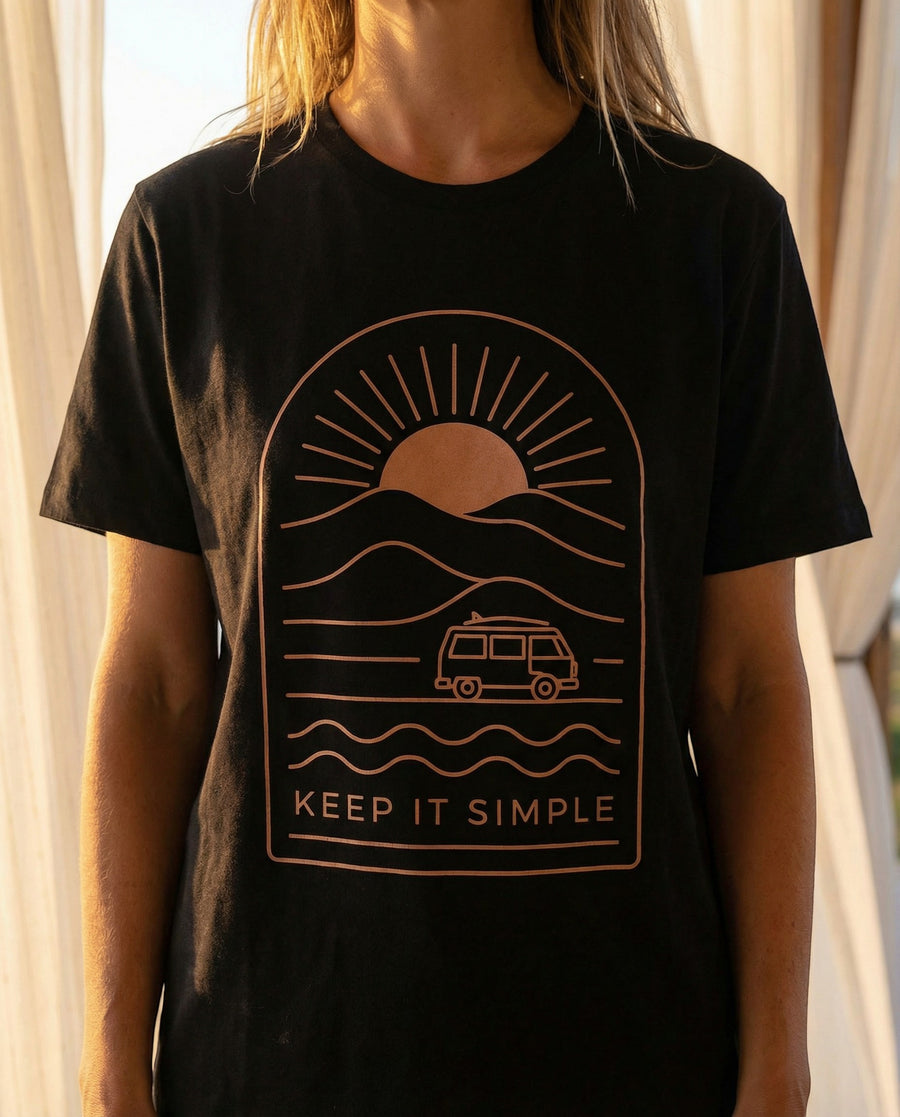 Keep It Simple Sunset Tee — Minimal Camper Van Graphic T-Shirt