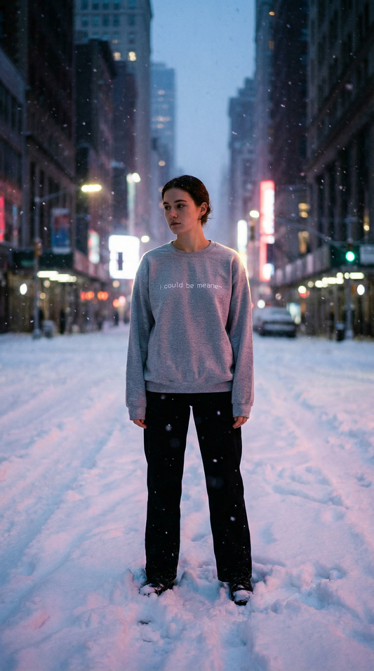 Grey sweatshirt displaying "i could be meaner" in elegant font