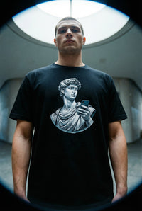 David Statue with AirPods Holding Phone T‑Shirt — Classical Art Meme Tee alternate view 2