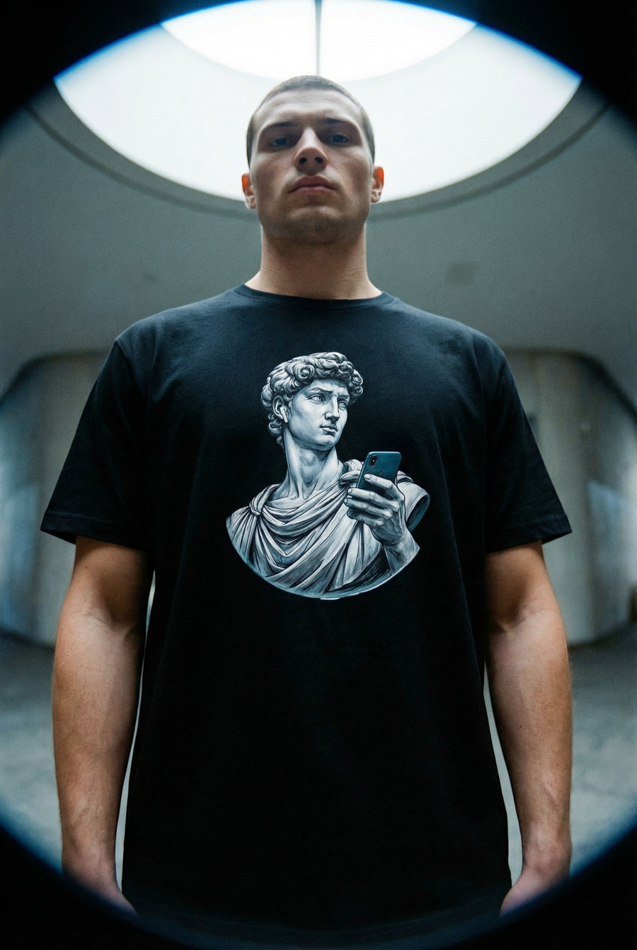 David Statue with AirPods Holding Phone T‑Shirt — Classical Art Meme Tee alternate view 2