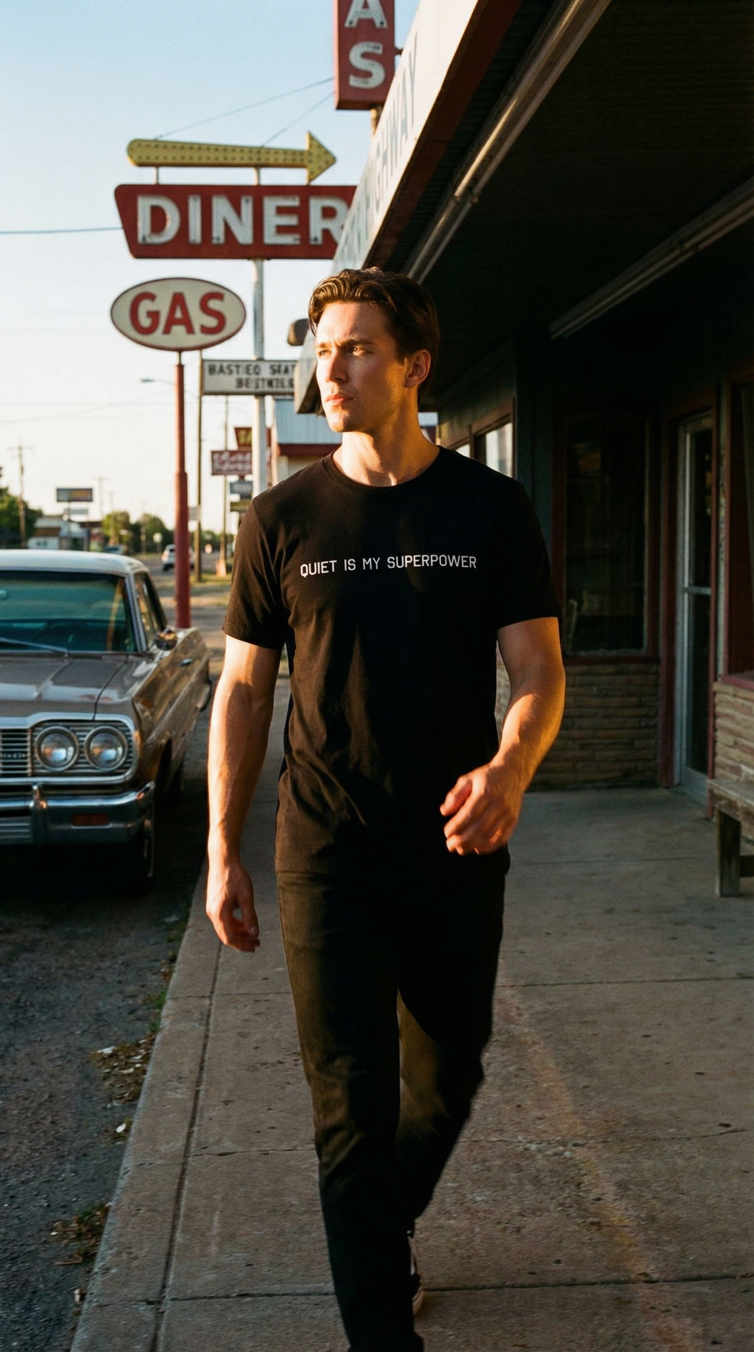 Front view of a black t-shirt featuring white text, casual style