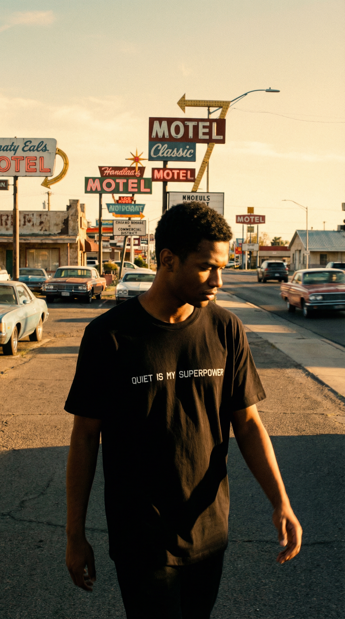 Simple black t-shirt with white lettering stating "QUIET IS MY SUPERPOWER," flat lay style