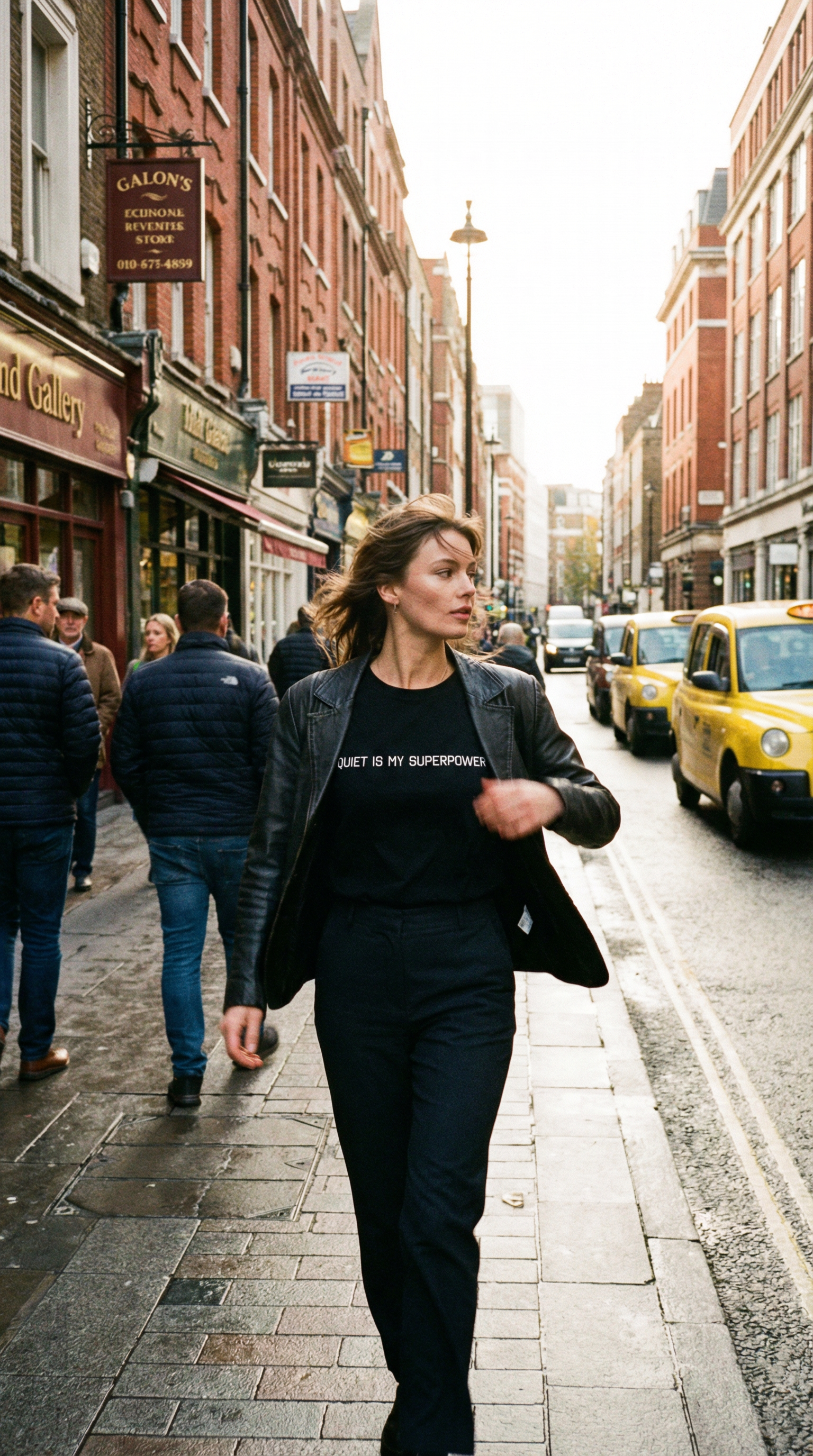 Close-up of a folded black t-shirt showcasing the message in bold white font